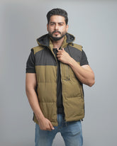 Men's Color Block Puffer Vest with Hood - Insulated Outdoor Sleeveless Jacket